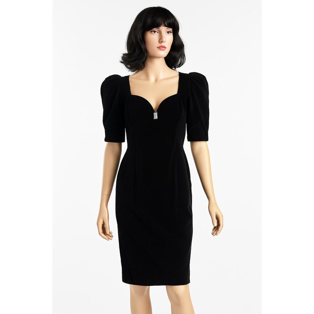 1980s Cachet by Bari Protas Black Velvet Sweetheart puffy sleeve Dress medium